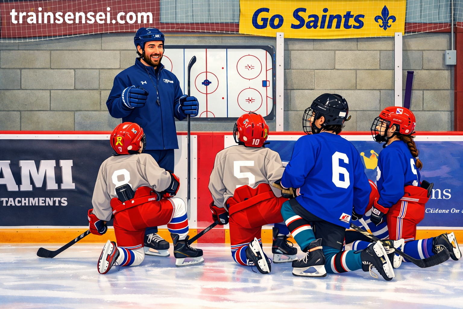 Hockey trainer coaching kids on the ice